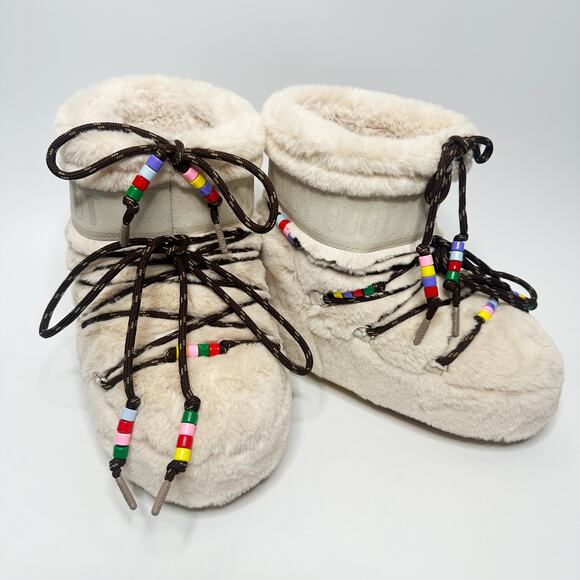 Moon Boot Resort Icon Low Cream Faux Fur Beaded Lace Up Snow Boots 5.5 - 7 - Picture 2 of 16